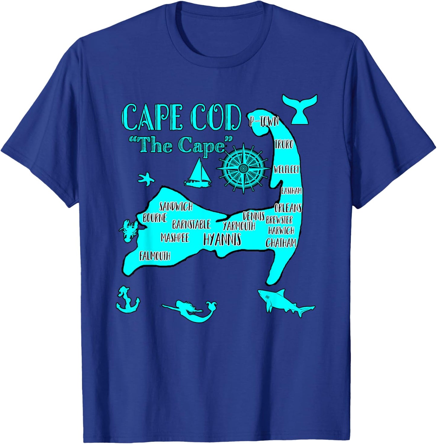 Cape Cod Aqua Blue Nautical Symbols Fish Map T-Shirt - T-Shirt | Royal