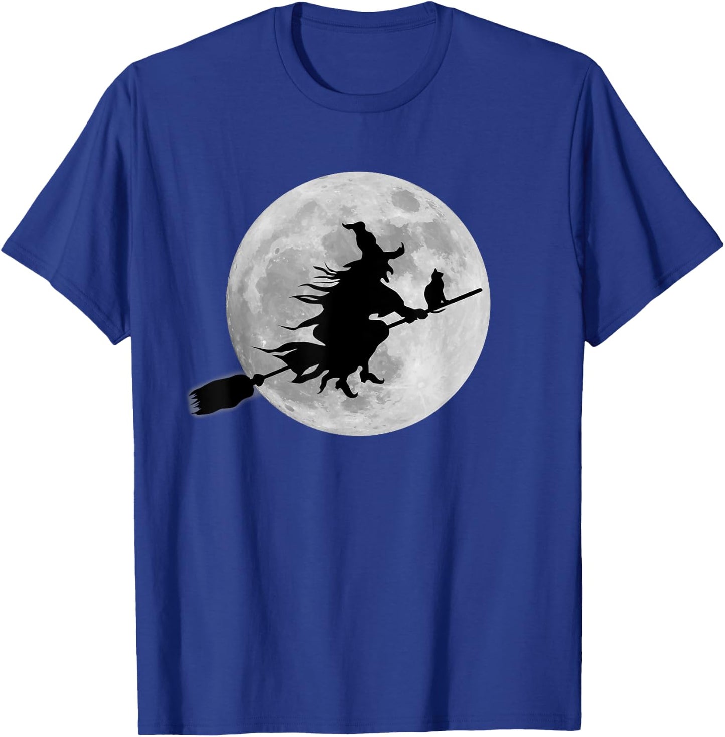 Flying Witch On Broomstick Halloween Full Moon Black Cat Women Kids T-Shirt - T-Shirt | Royal