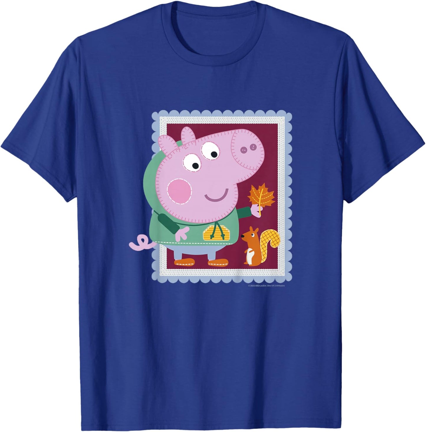 Kids Peppa Pig George & Squirrel Autumn Season Embroidered Stamp T-Shirt - T-Shirt | Royal