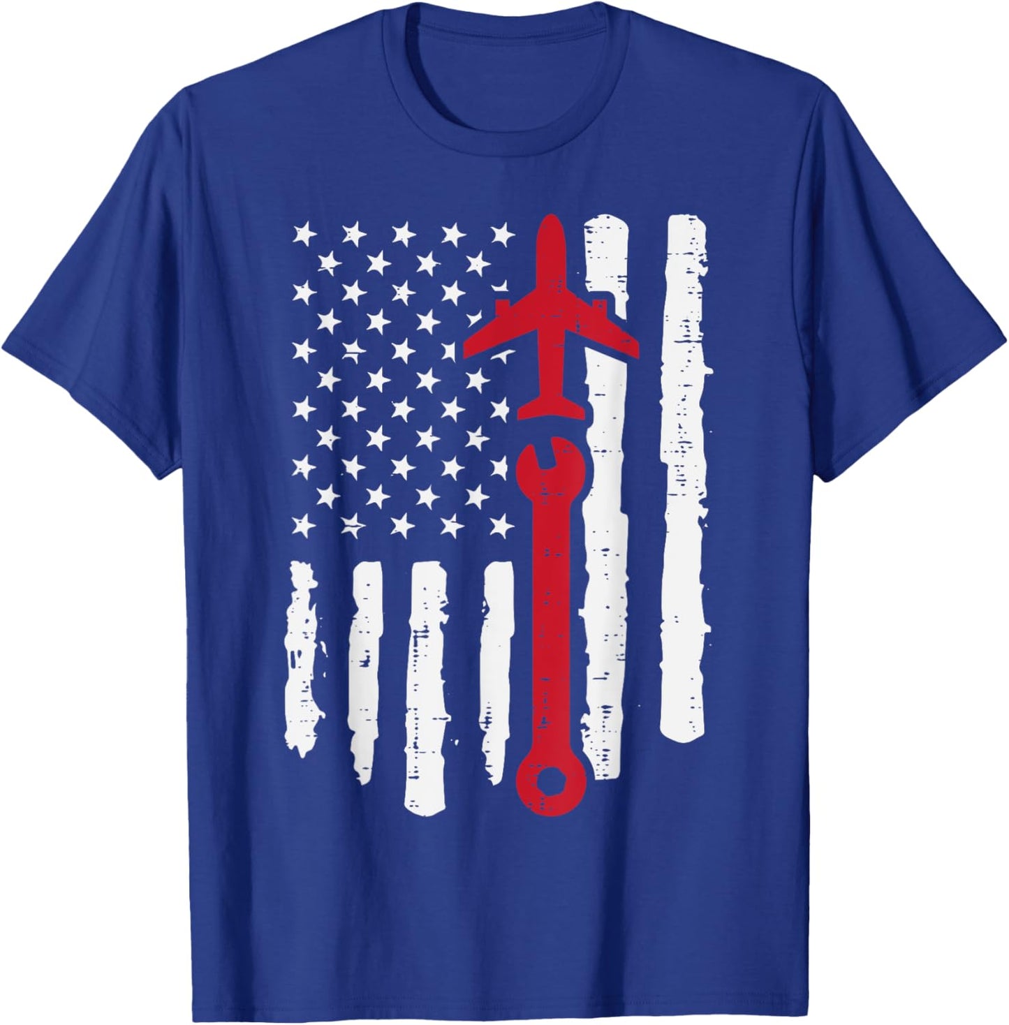 US Flag Airplane Wrench Aircraft Mechanic Patriot Men Women T-Shirt - T-Shirt | Royal
