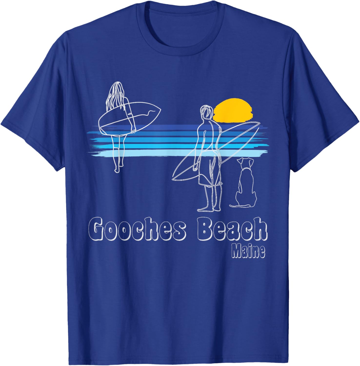 Gooches Beach Maine Surf Guy, Girl with dog Surfing T-Shirt - T-Shirt | Royal