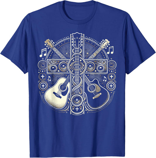 Acoustic Electric Guitar Cross Christian God Jesus Crucifix T-Shirt - T-Shirt | Royal