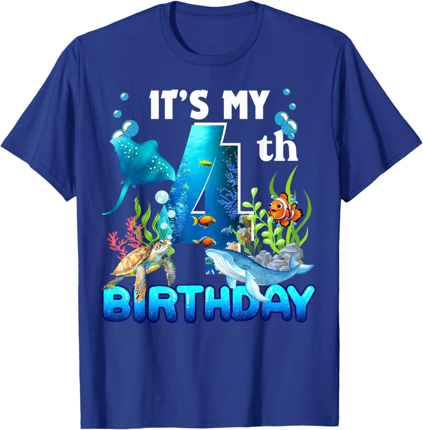 It's My 4th Birthday Party Ocean 4 Years Old Sea Fish B-Day T-Shirt - T-Shirt | Royal