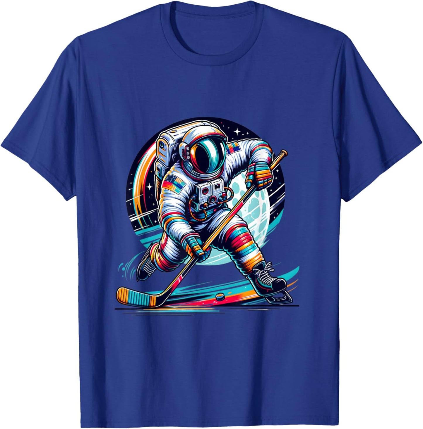 Ice Hockey Player Graphic Funny Astronaut Playing Ice Hockey T-Shirt - T-Shirt | Royal