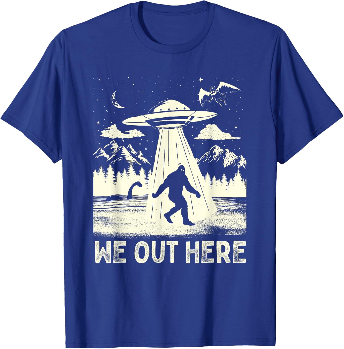We Out Here Funny Bigfoot Mothman Cryptid UFO Abduction T-Shirt - T-Shirt | Royal
