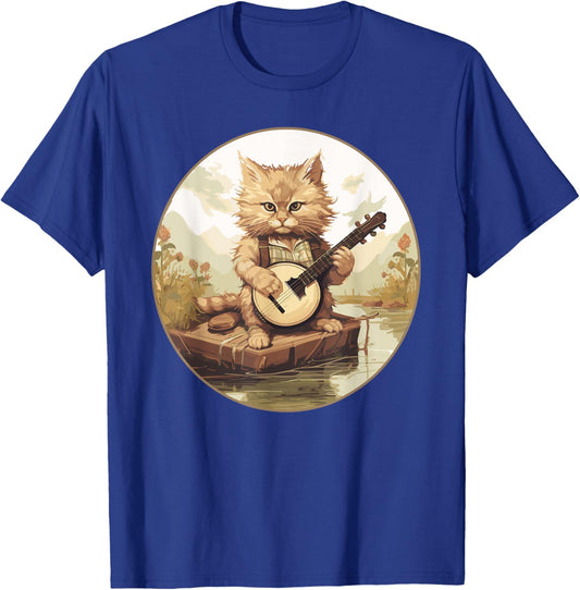 Cottagecore Aesthetic Graphic Cute Cat Playing Banjo Nature Women Kids T-Shirt - T-Shirt | Royal
