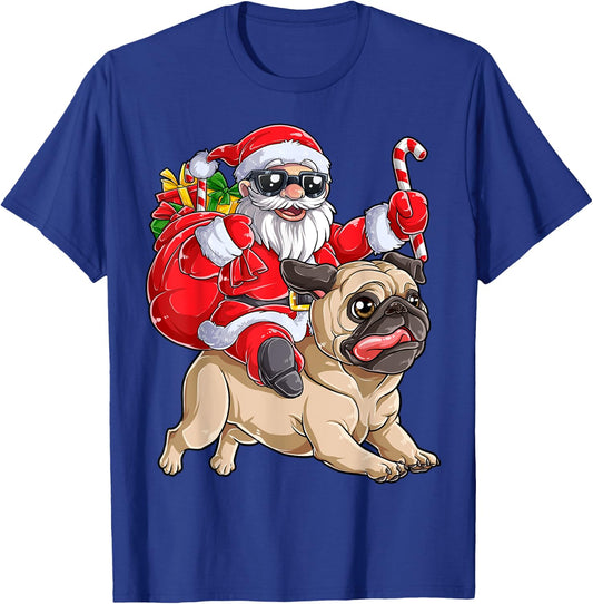 Christmas Santa Claus Riding Pug Xmas Boys Men Pugmas Dog T-Shirt - T-Shirt | Royal