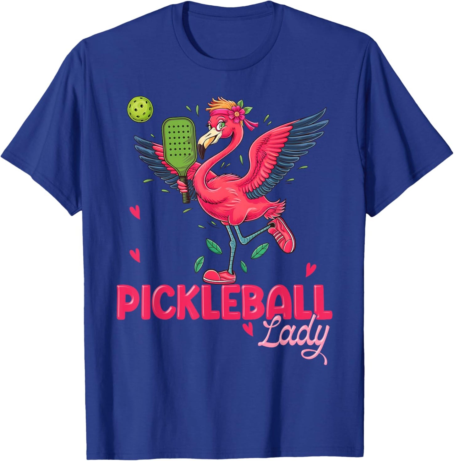 Pickleball Lady Flamingo Holding a Pickleball Paddle Funny T-Shirt - T-Shirt | Royal