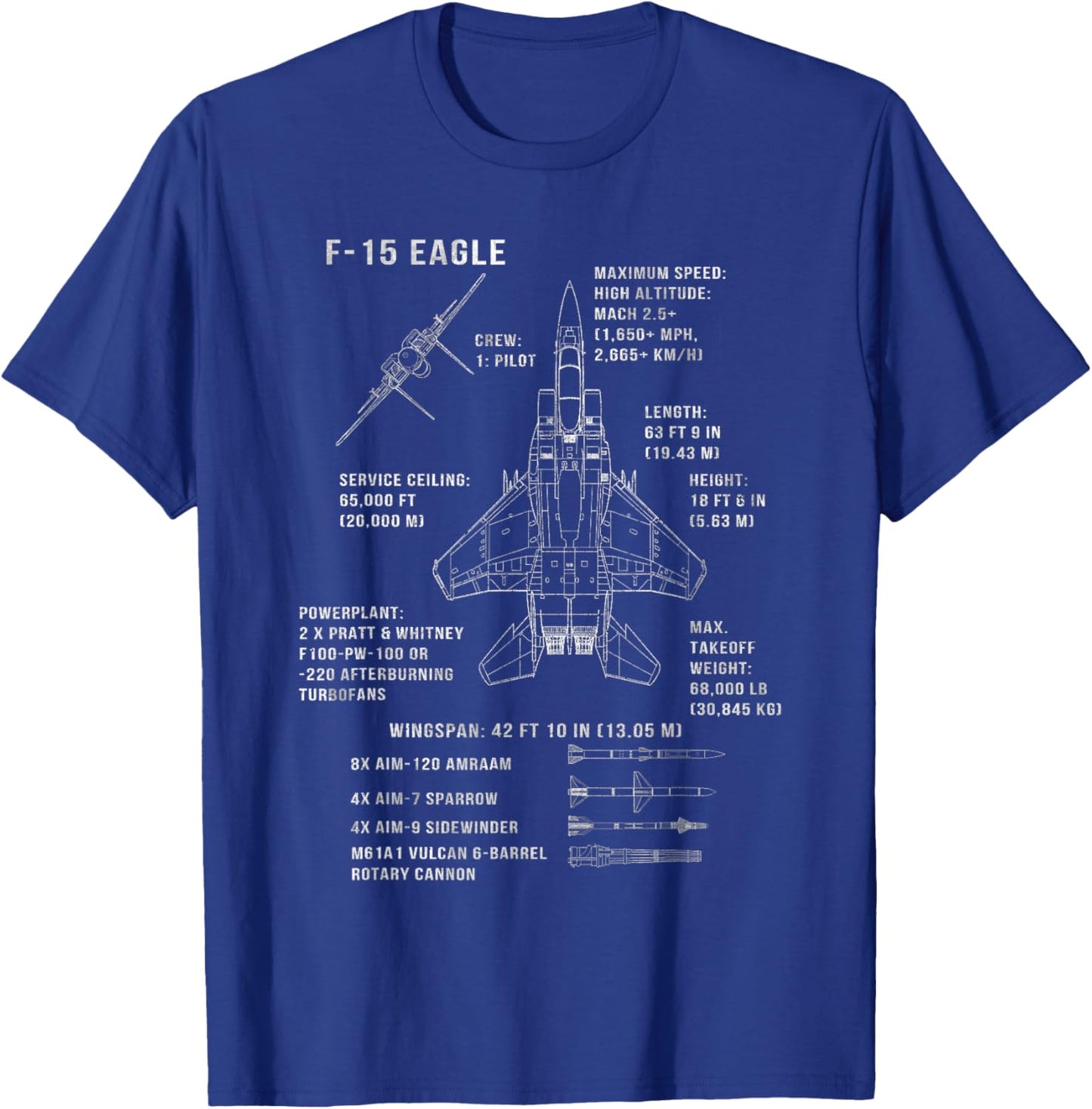 F-15 Eagle Specs Fighter Jet Military Aircraft Veteran T-Shirt - T-Shirt | Royal