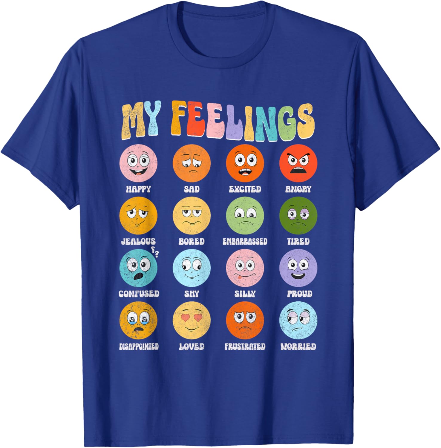 Groovy Retro My Feelings Chart Funny Hippie Face Emotions , Small T-Shirt - T-Shirt | Royal