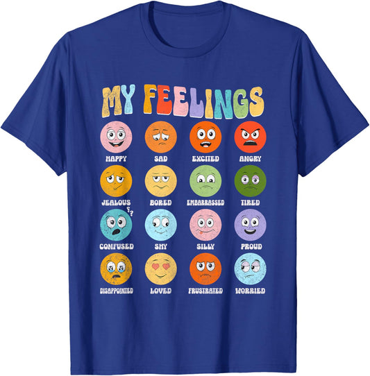 Groovy Retro My Feelings Chart Funny Hippie Face Emotions , Small T-Shirt - T-Shirt | Royal