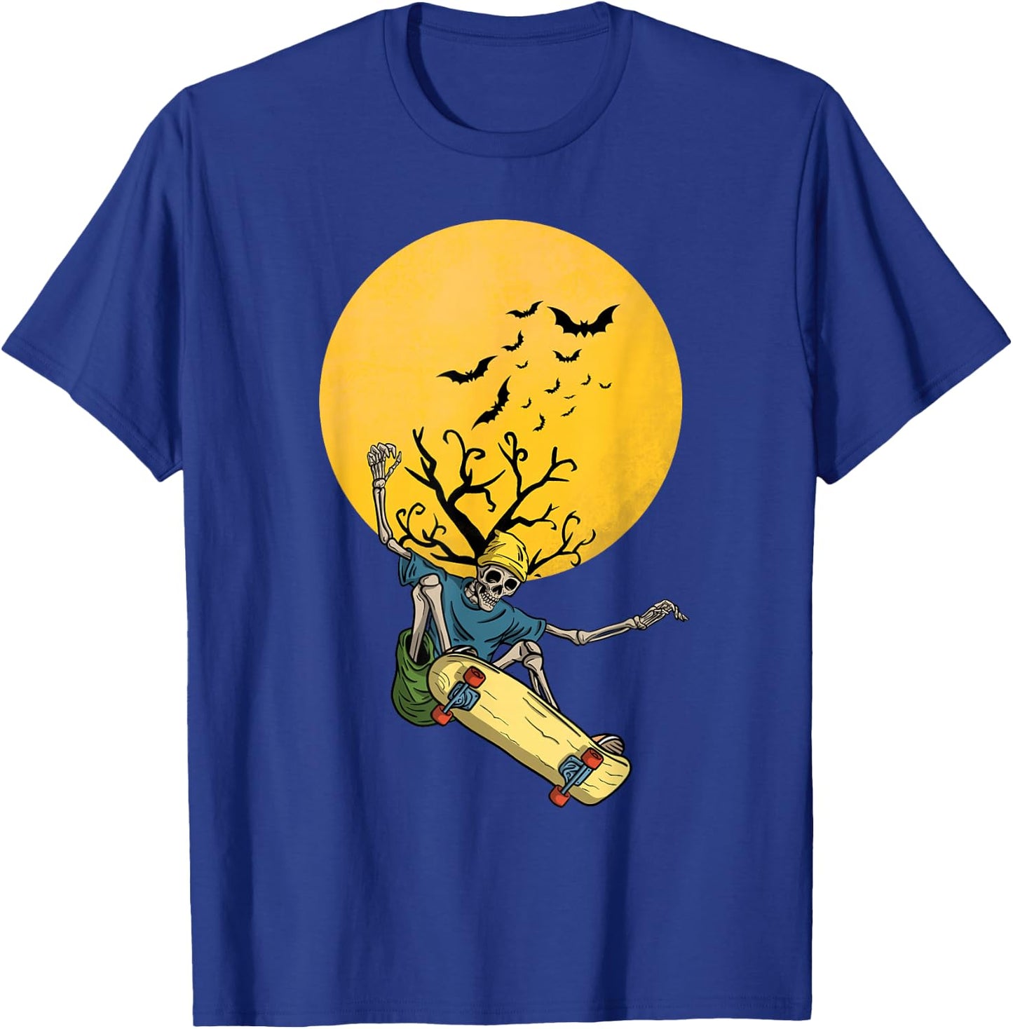 Skateboarding skeleton on the moon night with bats Halloween T-Shirt - T-Shirt | Royal