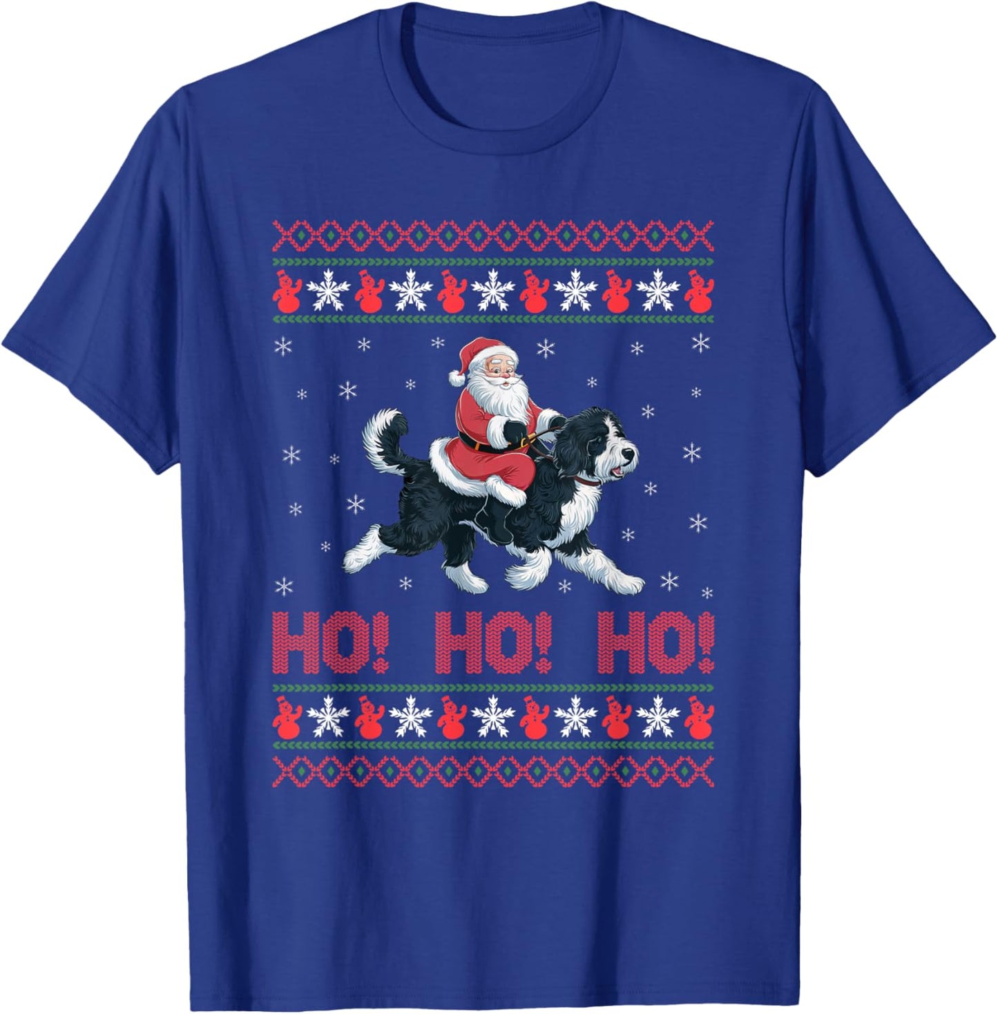 Ho Ho Ho Santa Riding Bernedoodle Dog Ugly Christmas Sweater T-Shirt - T-Shirt | Royal