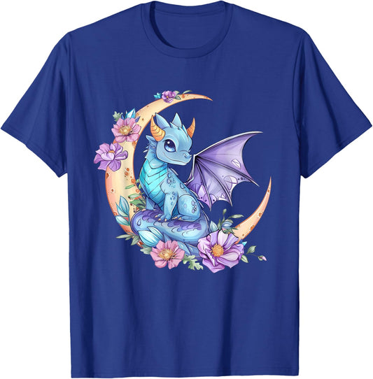 Purple Blue Cottagecore Fairycore Dragon Floral Moon Dragon T-Shirt - T-Shirt | Royal