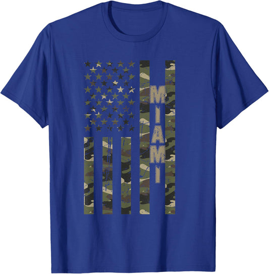 Miami United States Distressed Camo w US Flag T-Shirt - T-Shirt | Royal