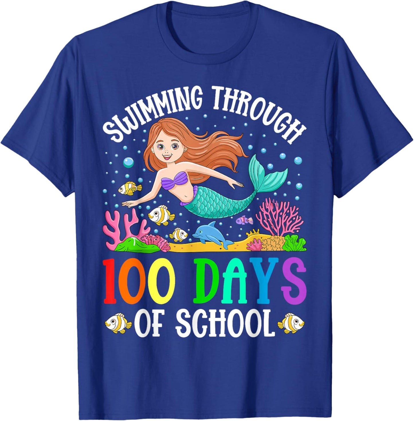 Swimming Through 100 Days Of School Mermaid Kids Teacher T-Shirt - T-Shirt | Royal