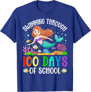 Swimming Through 100 Days Of School Mermaid Kids Teacher T-Shirt - T-Shirt | Royal