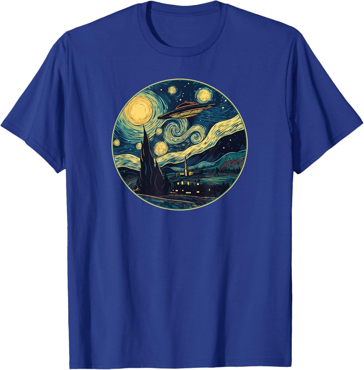 UFO Aliens and Bigfoot Impressionist Style Novelty UAP T-Shirt - T-Shirt | Royal