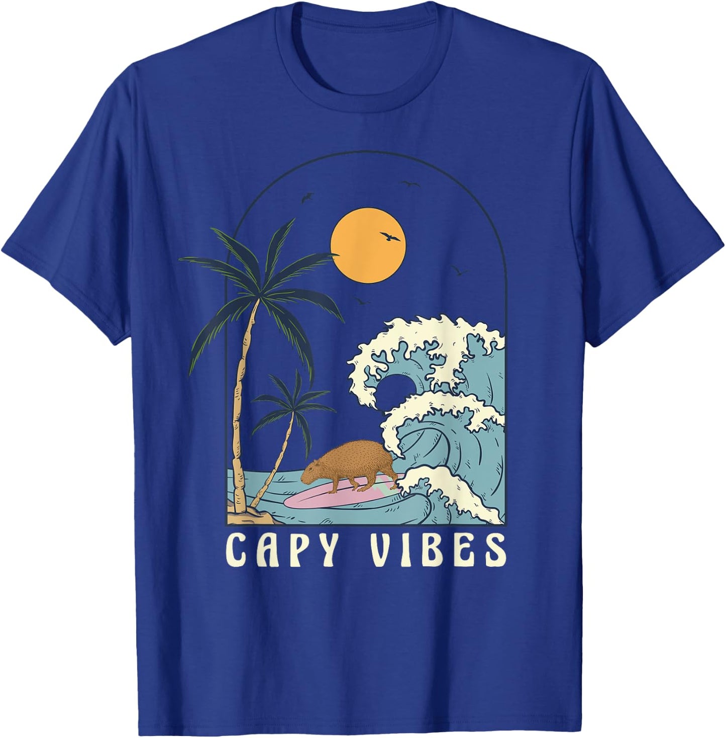 Capybara Surfing at Beach Sunset Summer Surf Capy Vibes Women Girls Kids T-Shirt - T-Shirt | Royal