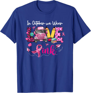 In October We Wear Pink LOVE Bus Driver Breast Cancer Gifts T-Shirt - T-Shirt | Royal