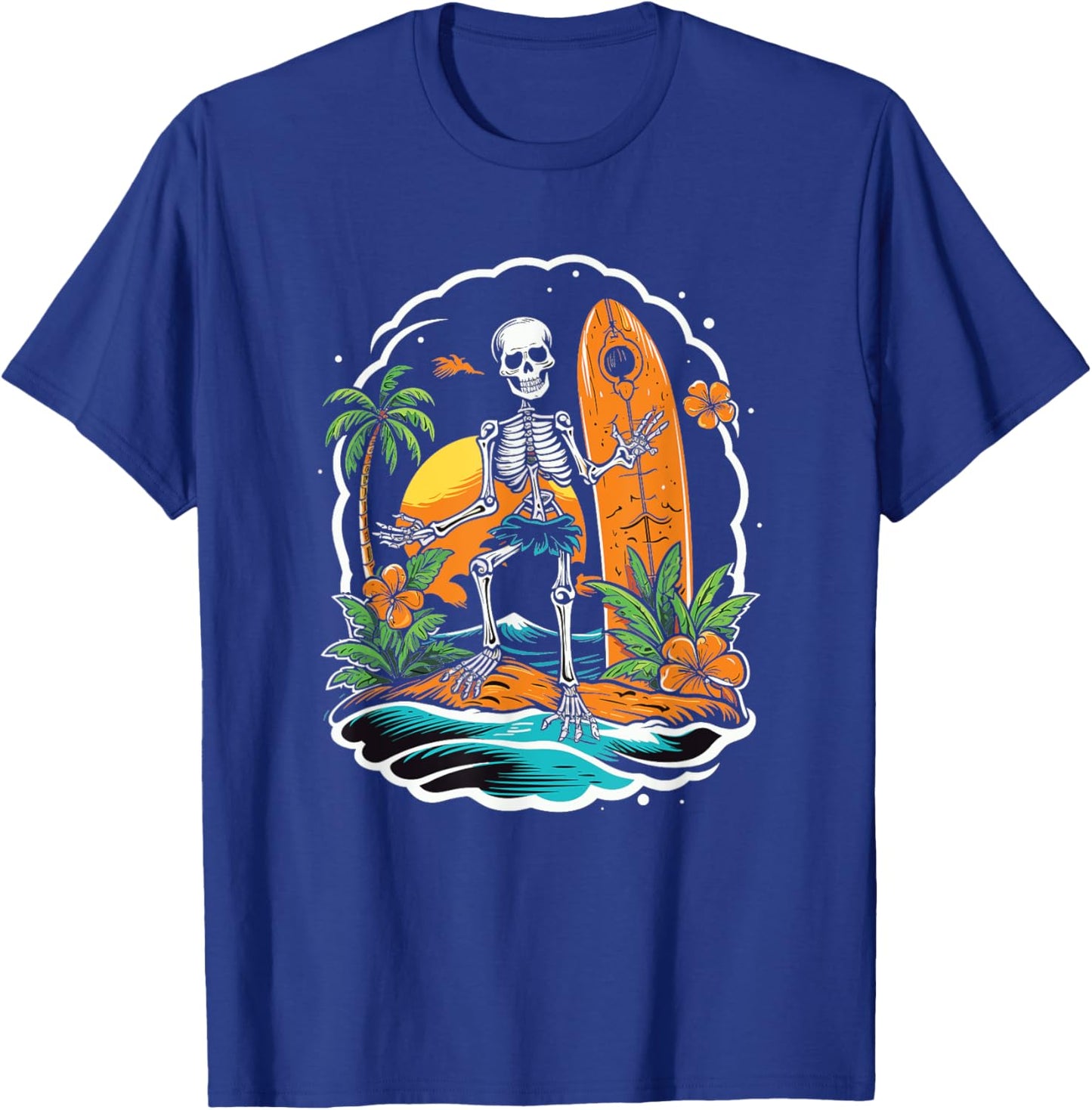 Skeleton Surfing Halloween Hawaii T-Shirt - T-Shirt | Royal
