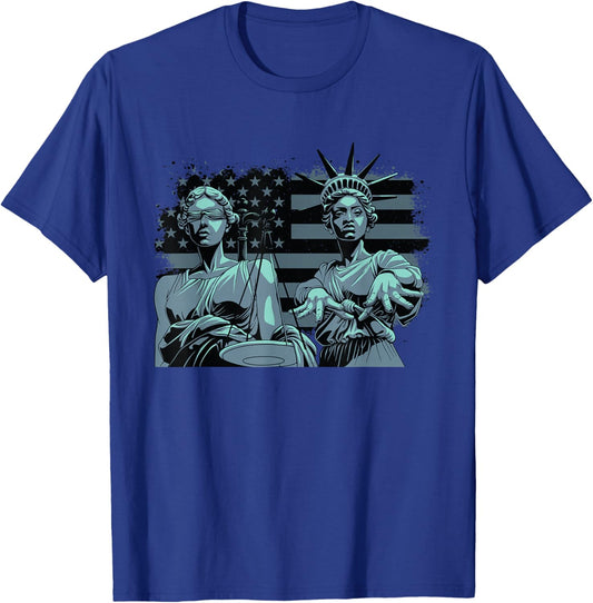 Lady Justice and Lady Liberty USA American Flag Freedom T-Shirt - T-Shirt | Royal