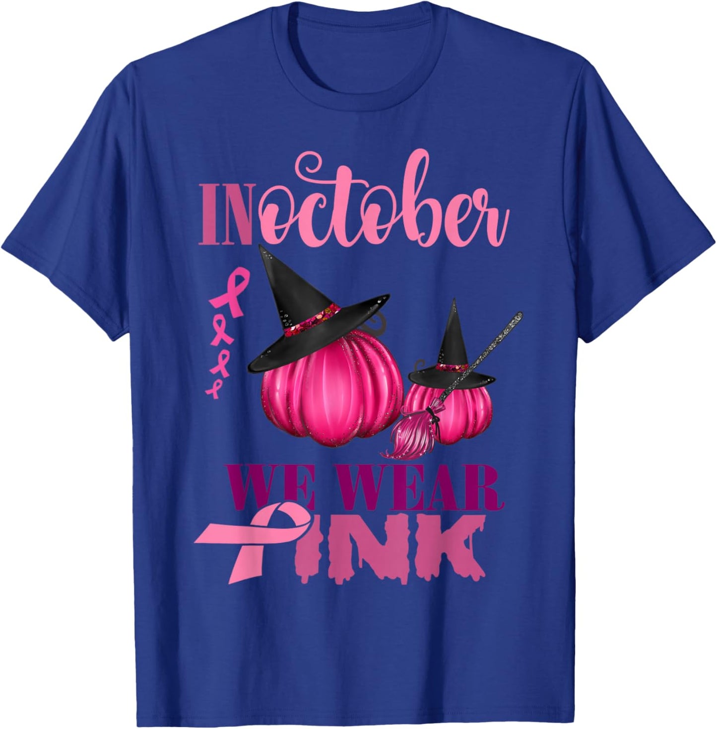 In October We Wear Pink Pumpkin Breast Cancer Halloween T-Shirt - T-Shirt | Royal