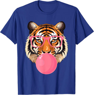 Funny Tiger Glasses Blowing Bubble Gum Cute Tiger Face T-Shirt - T-Shirt | Royal