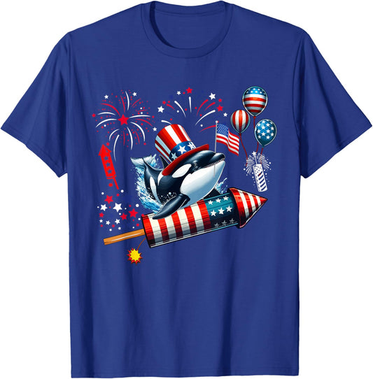 Orca Riding Firecracker US Flag 4th Of July Fireworks T-Shirt - T-Shirt | Royal