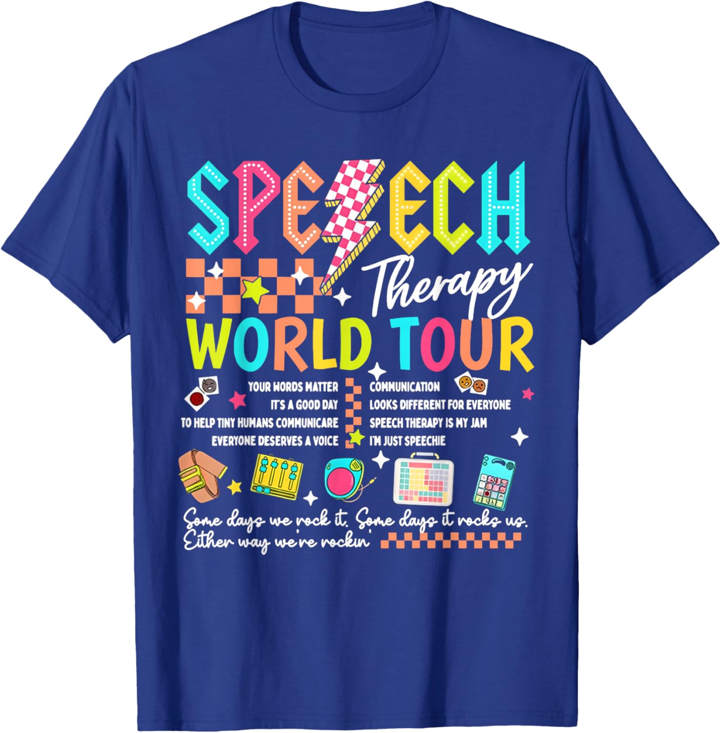 Speech Therapy World Tour Retro Lightning SLP Pathologist T-Shirt - T-Shirt | Royal