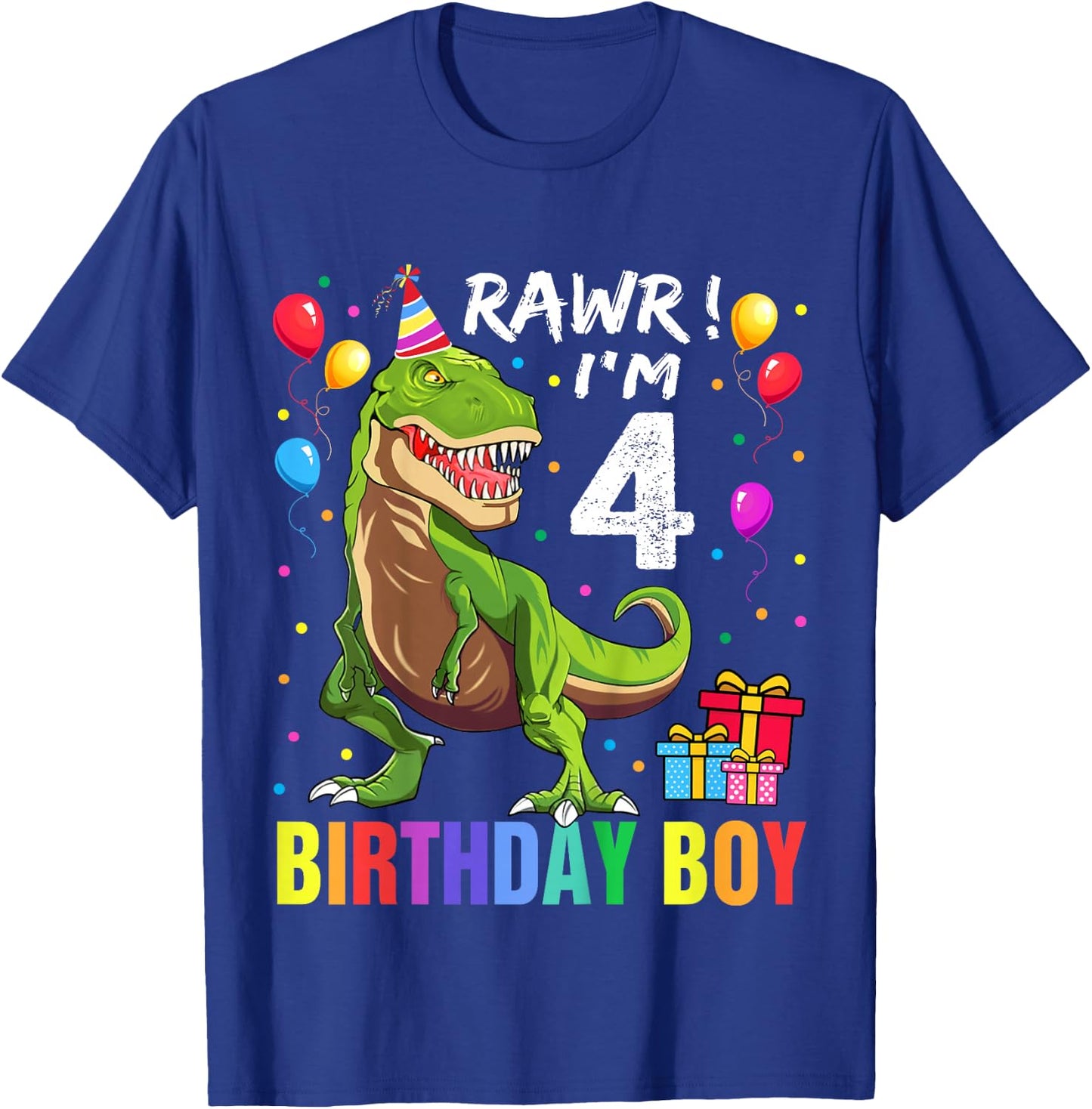Kids 4 Year Old 4th Birthday Boy T Rex Dinosaur T-Shirt - T-Shirt | Royal