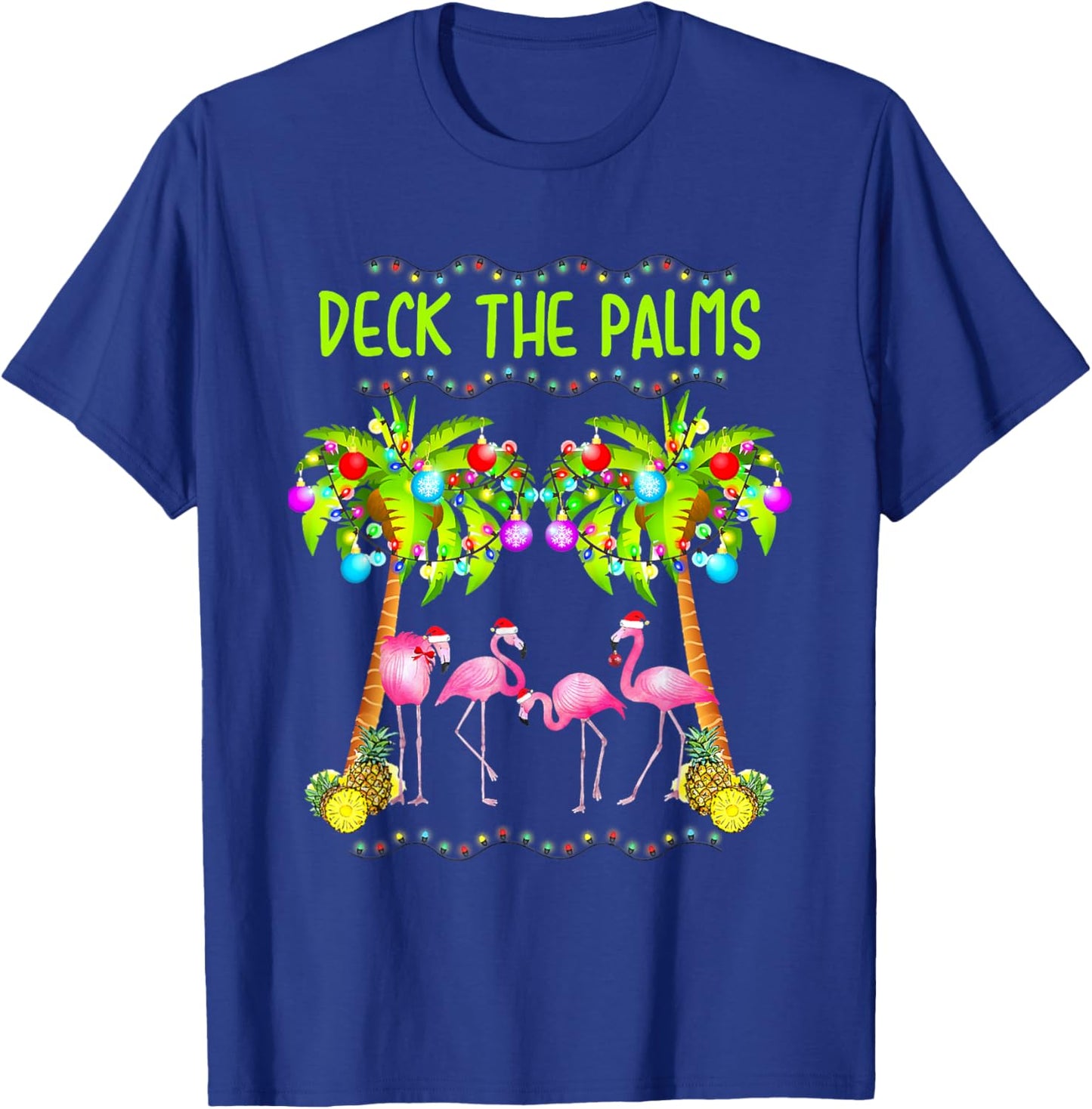 Deck The Palms Merry Flamingo Christmas Palm Tree Funny Xmas T-Shirt - T-Shirt | Royal