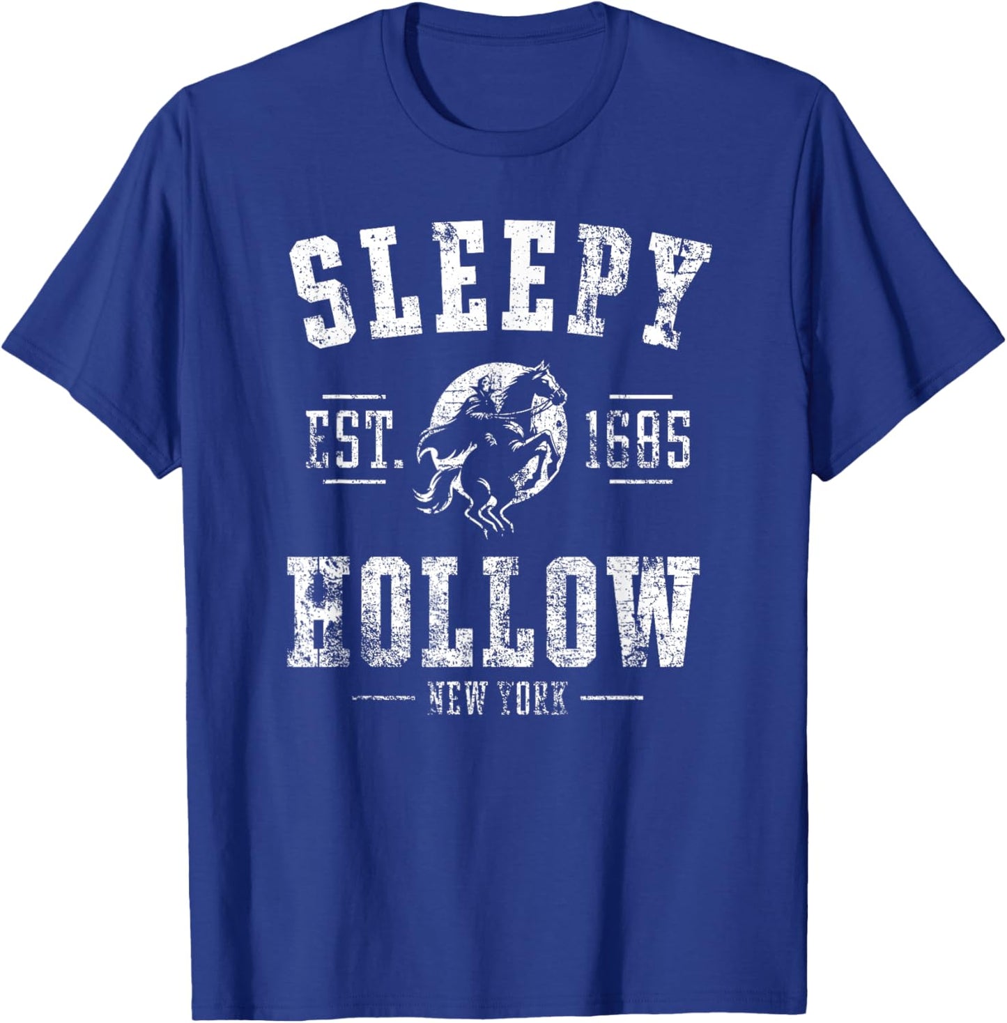 Sleepy Hollow New York Est. 1685 Horseman Distressed Print T-Shirt - T-Shirt | Royal