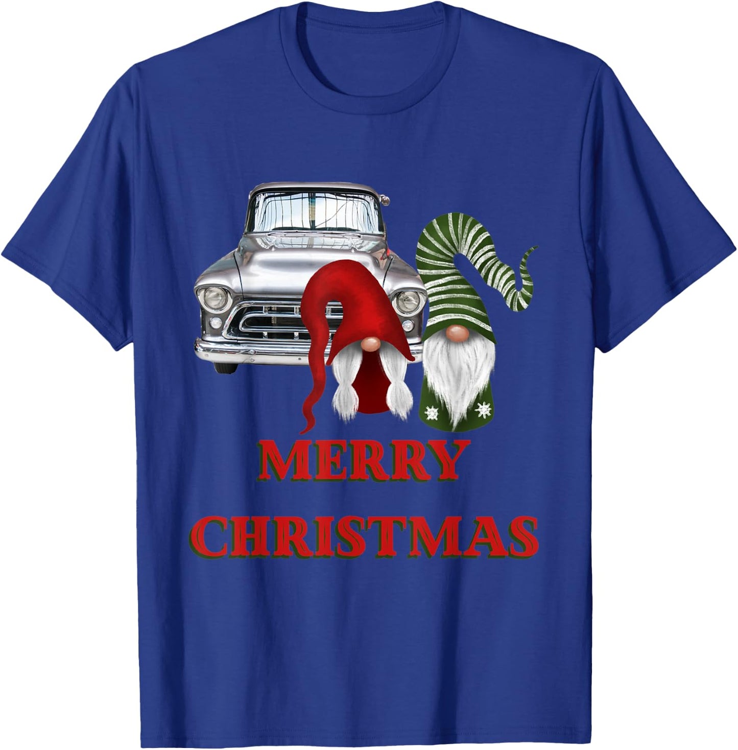 Merry Gnome Couple Old Pickup Truck Christmas Hotrod Holiday T-Shirt - T-Shirt | Royal