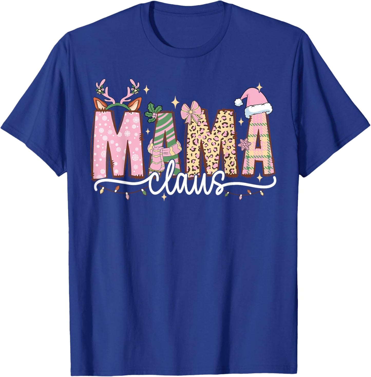 Mama Claus Retro Leopard Pink Christmas Reindeer Xmas Lights T-Shirt - T-Shirt | Royal