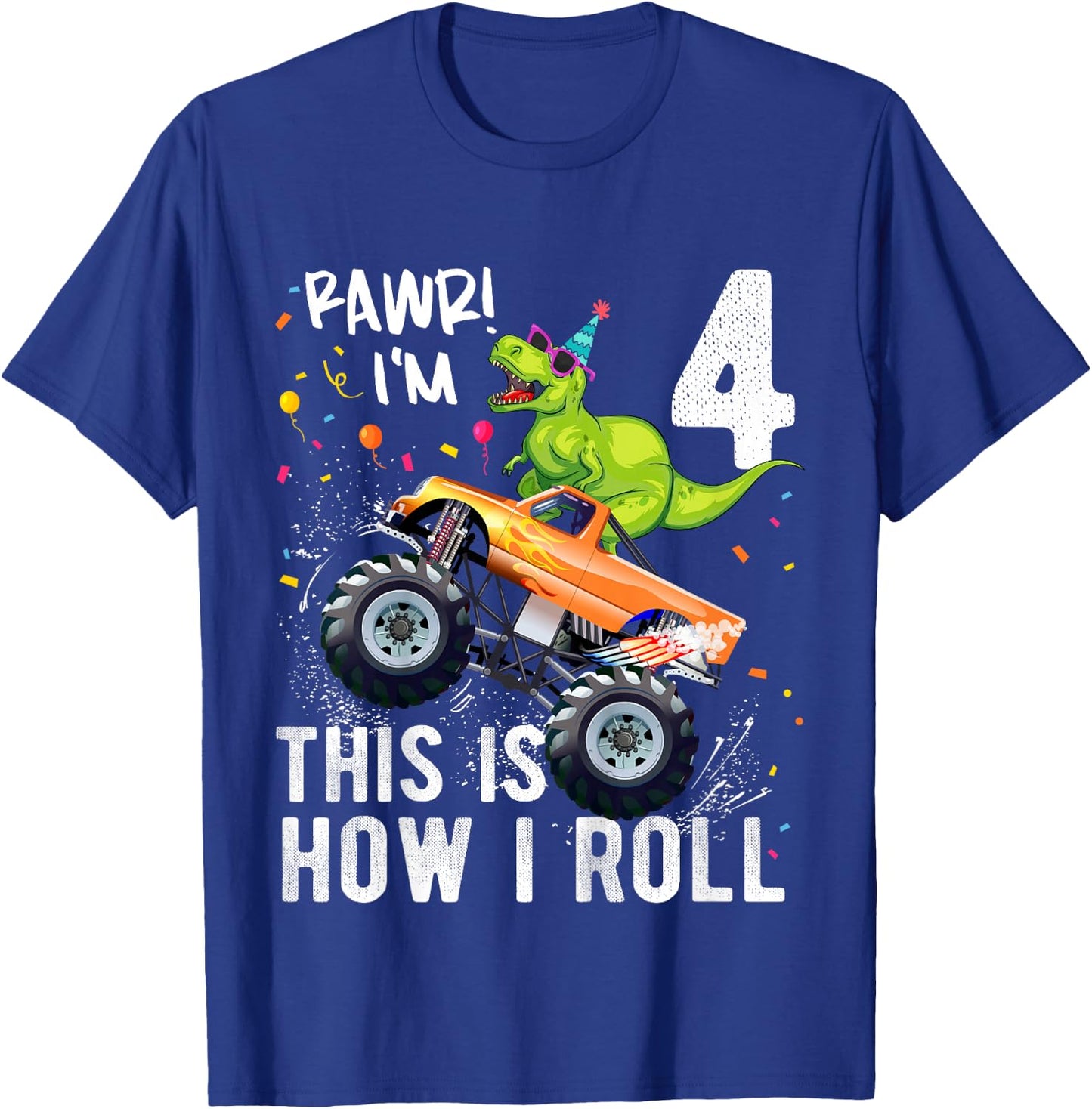 T Rex Dinosaur Monster Truck 4th Birthday Boys and Girls T-Shirt - T-Shirt | Royal