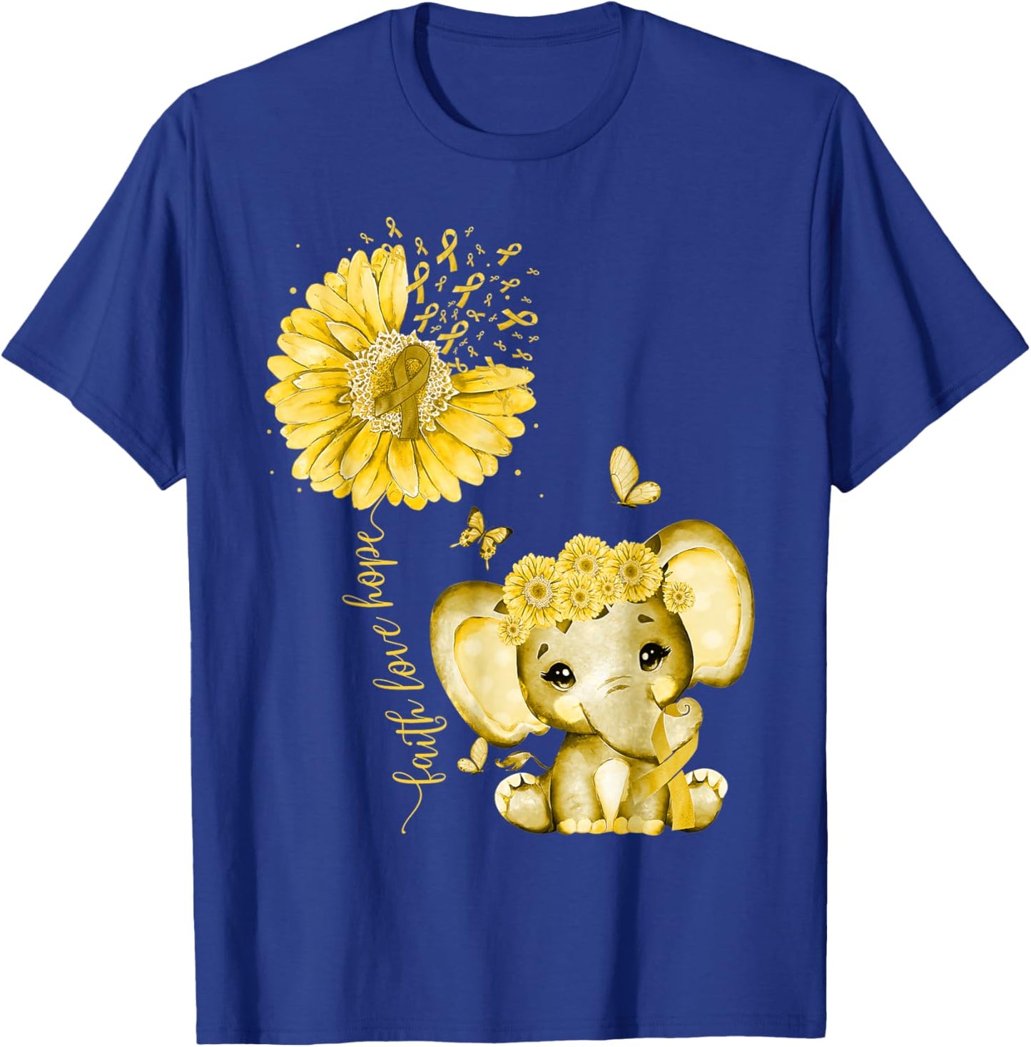 Childhood Cancer Cute Elephant With Sunflower Gold Ribbon T-Shirt - T-Shirt | Royal