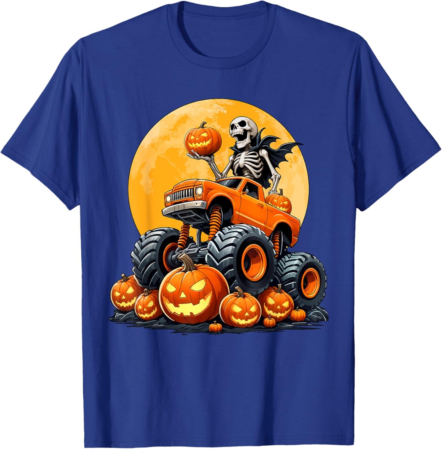 Skeleton Riding Monster Truck Halloween Pumpkin Kids Toddler T-Shirt - T-Shirt | Royal