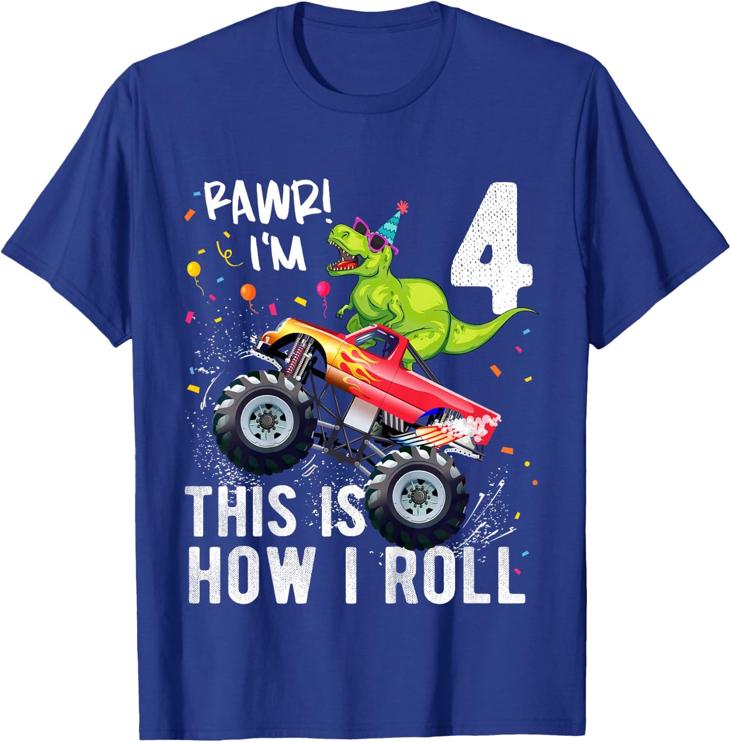 Kids T Rex Dinosaur Monster Truck 4th Birthday Boys and Girls T-Shirt - T-Shirt | Royal