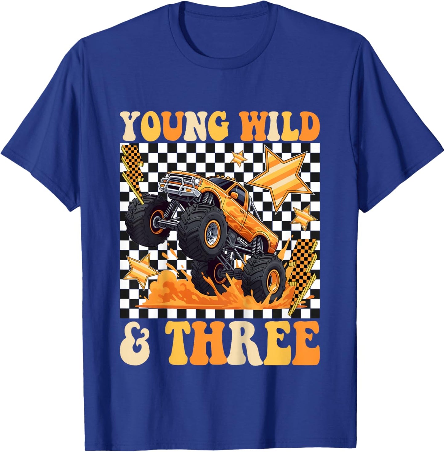 3rd Birthday Monster Truck Young Wild and Three Checkered T-Shirt - T-Shirt | Royal