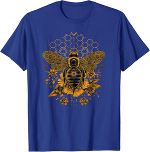 Honeybee Harmony: Floral Sacred Geometry Honeycomb and Bee T-Shirt - T-Shirt | Royal