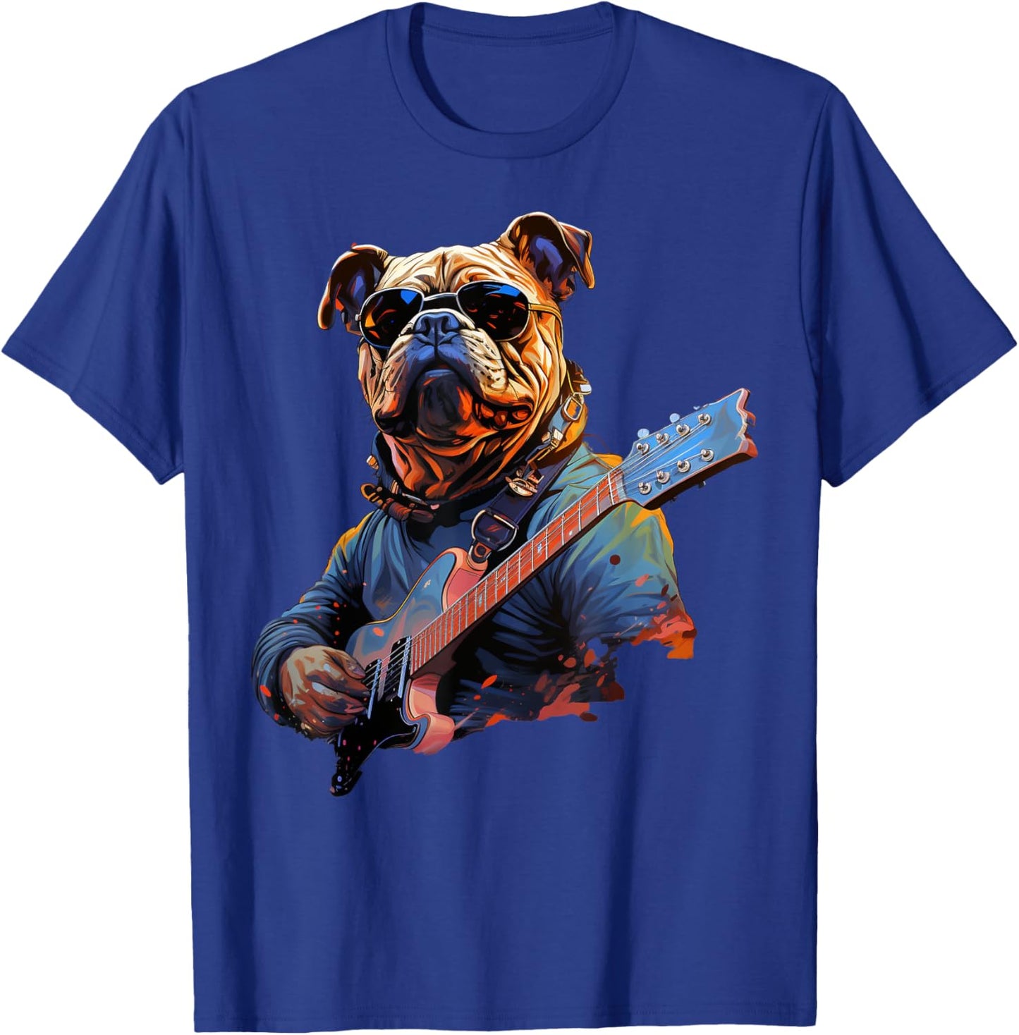 Funny Rock English Bulldog Playing Guitar T-Shirt - T-Shirt | Royal