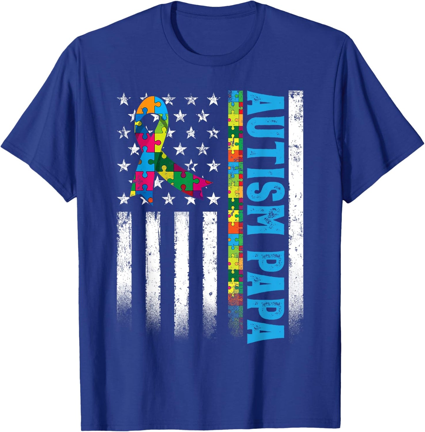 Retro American Flag Autism Papa Awareness Autistic T-Shirt - T-Shirt | Royal