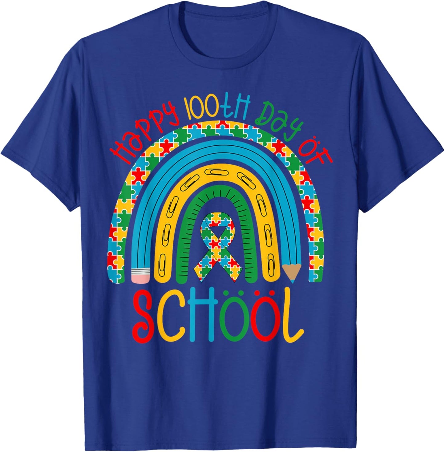 Happy 100th Days of School - Autism Puzzle Ribbon Awareness T-Shirt - T-Shirt | Royal