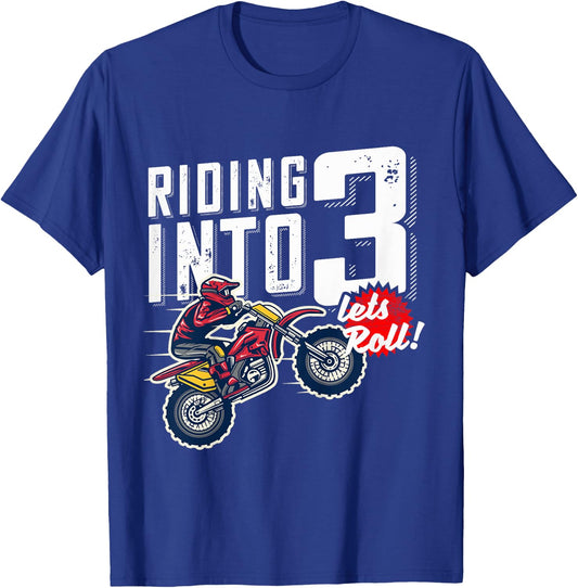 3rd Birthday Motor Cross, Dirt Bike, Birthday Riding Into 3 T-Shirt - T-Shirt | Royal