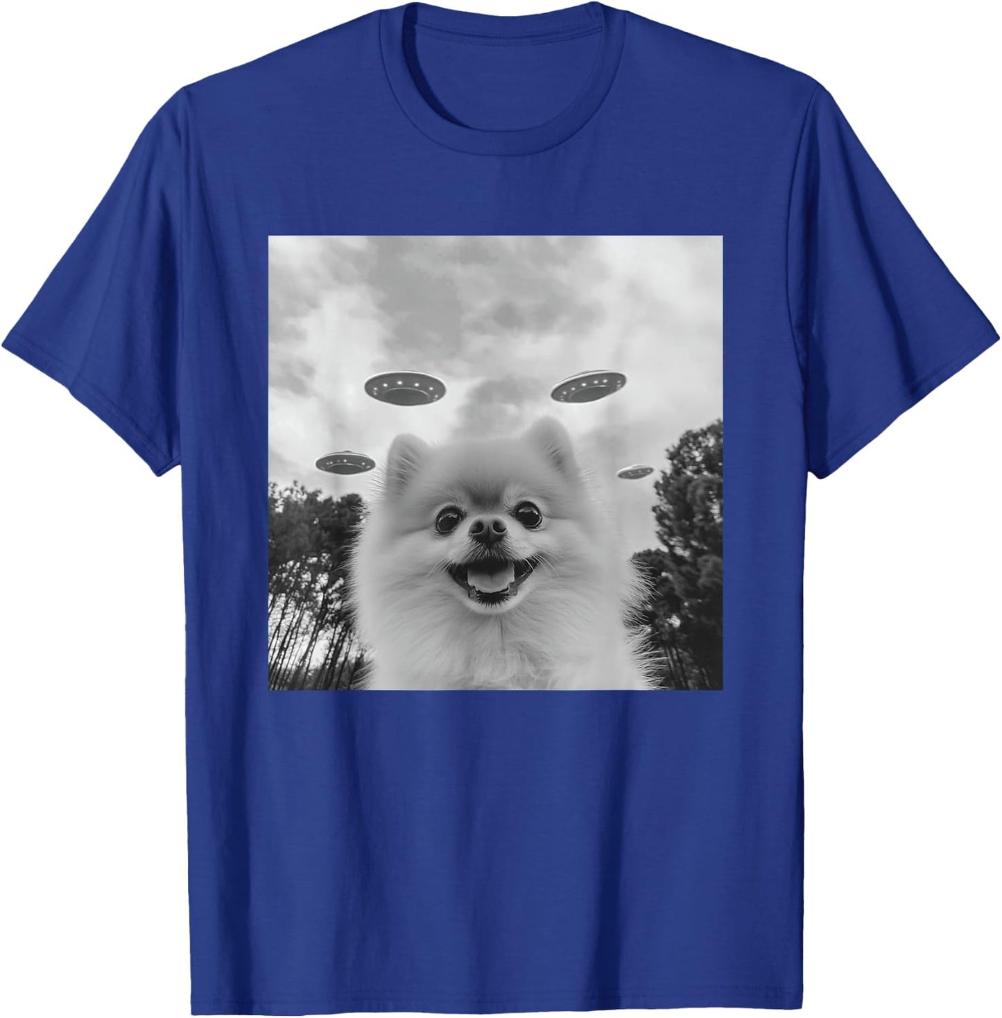 Cute Pomeranian Dog Selfie With UFO UAP Invasion Alien T-Shirt - T-Shirt | Royal