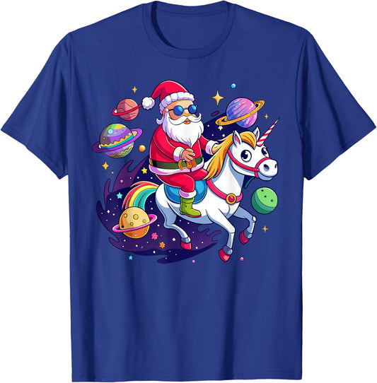Christmas Santa Riding Unicorn Cute Xmas Holiday Girls Women T-Shirt - T-Shirt | Royal