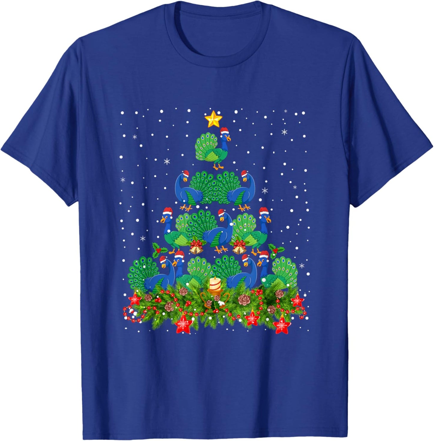 Peacock Bird Xmas Tree - Santa Hat Peacock Christmas T-Shirt - T-Shirt | Royal