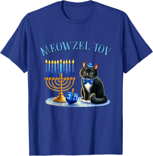 Funny Happy Hanukkah Hanukkat Meowzel Tov Jewish Cat Menorah T-Shirt - T-Shirt | Royal