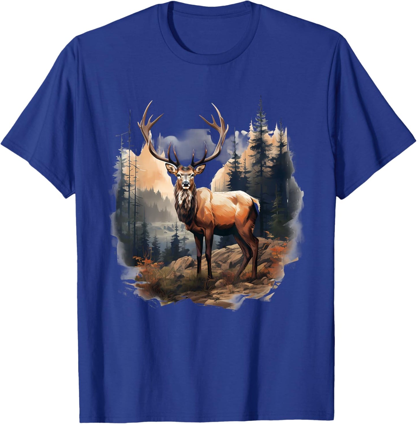 Deer Forest Landscape Wildlife Artwork Nature Animal Lovers T-Shirt - T-Shirt | Royal